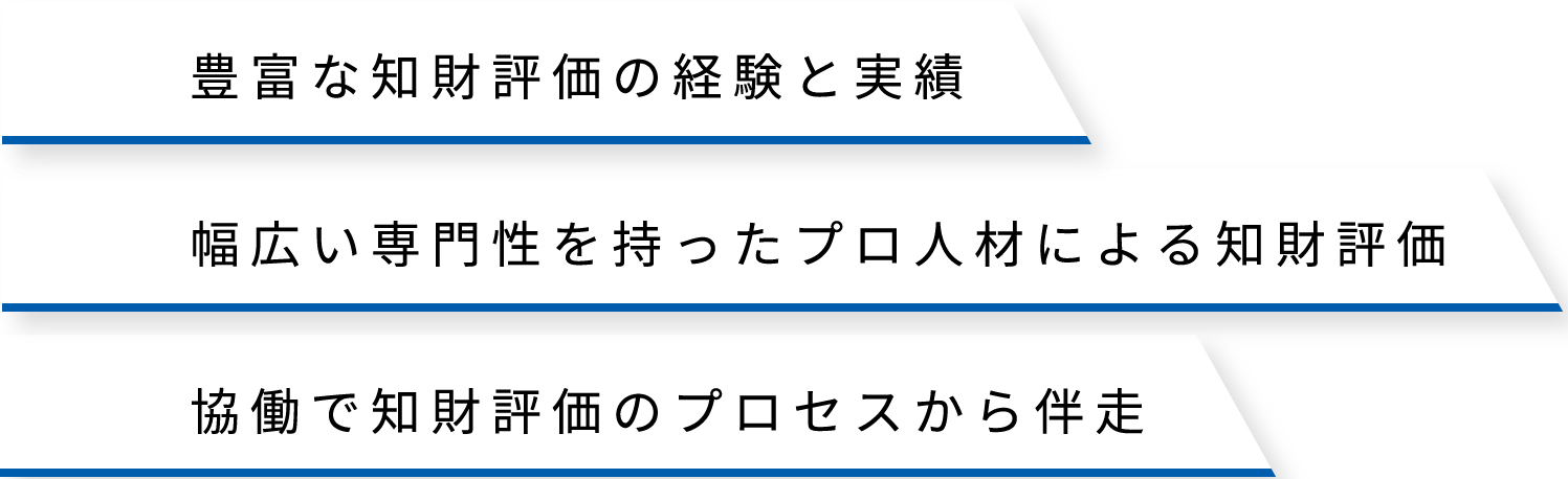 豊富な知財評価の経験と実績,幅広い専門性を持ったプロ人材による知財評価,協働で知財評価のプロセスから伴走